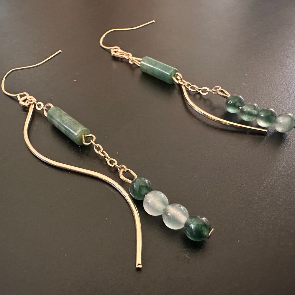 Moss agate and gold tone boho retro 70s earrings